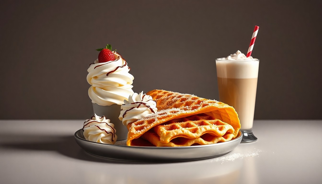 A high-end, photorealistic studio still-life photograph featuring an elegant arrangement of premium dessert items like a bubble waffle, sweet crepe, and milkshake, set against a clean, monochromatic background with dramatic lighting and shadows to represent the artisanal quality of Crave's desserts.