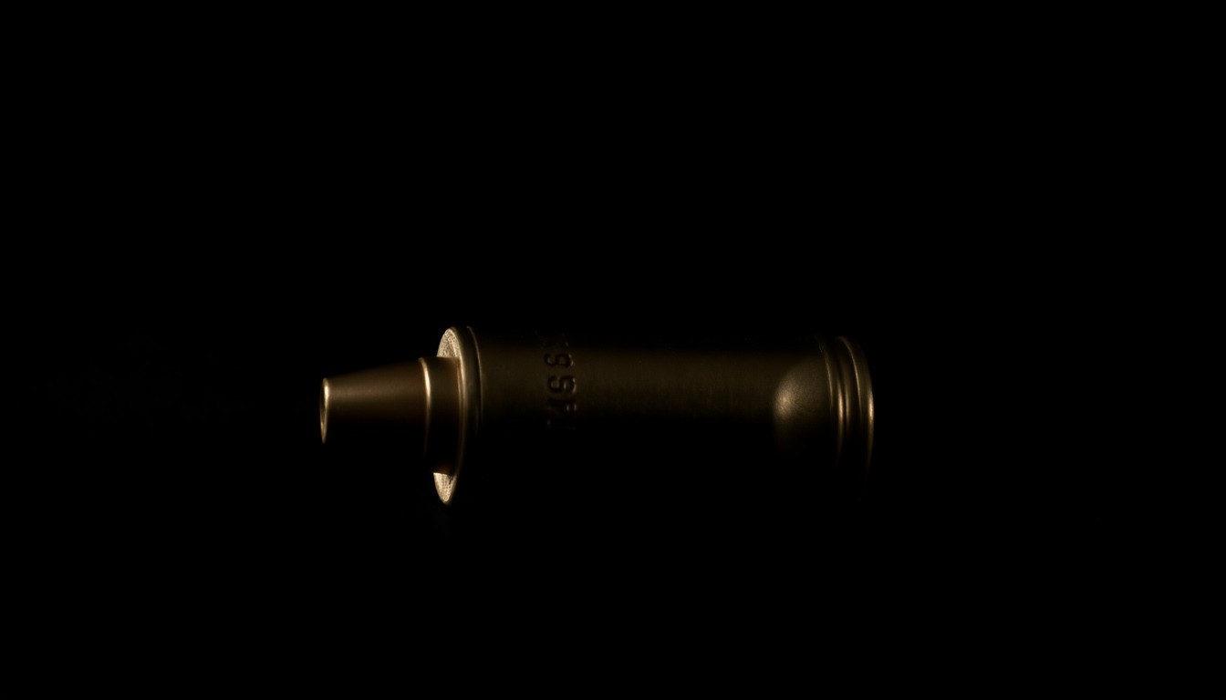 An extreme close-up of a single spent bullet casing, its metallic surface reflecting the harsh light of a direct camera flash against a pitch-black background, creating a stark, gritty, and investigative visual metaphor for a high-profile crime investigation.