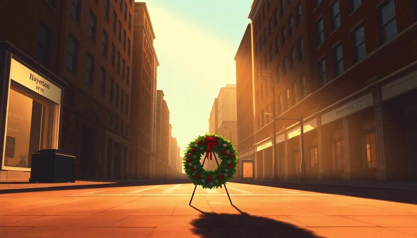 A photorealistic painting of a single wreath placed on the sidewalk of a quiet, sunlit city street, capturing the somber yet resilient spirit of the One Boston Day commemoration.