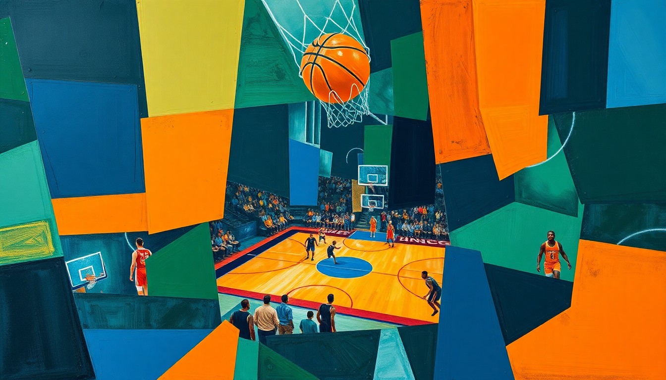 A fragmented, geometric painting in navy, green, and orange hues, depicting the overlapping planes and perspectives of a basketball game, conceptually representing the complex media landscape that fans must navigate to access sports content.