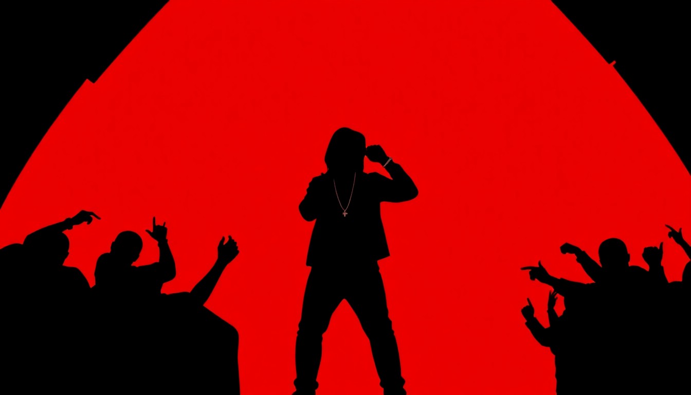 A striking abstract illustration featuring bold black silhouettes of a performer on stage, set against a bright red background, conceptually representing the energy and excitement of a live concert event.