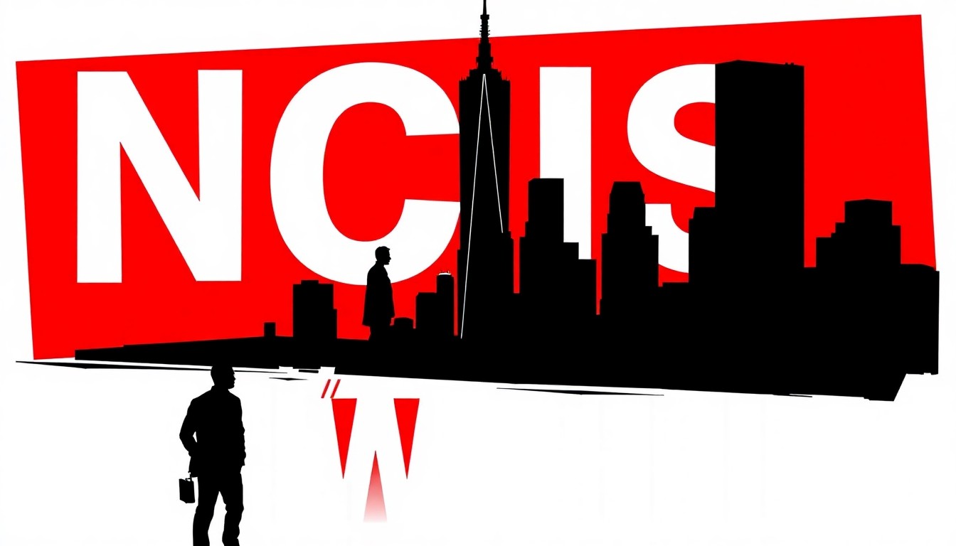 A minimalist, abstract illustration featuring bold black silhouettes and high-contrast solid colors like red and white, conceptually representing the 'NCIS' franchise and its growth into a new city.