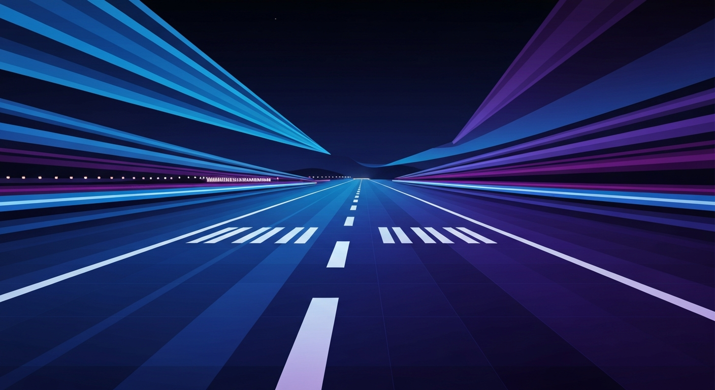 A highly stylized, geometric illustration depicting the sweeping curves and bold forms of an airport runway at night, rendered in deep shades of blue and purple with a sense of grand scale and modern elegance.