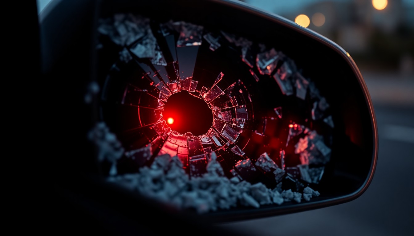 An extreme close-up of a shattered car side mirror lens reflecting a faint red light, conceptually representing the tragic aftermath of a pedestrian being struck and killed by an unlicensed driver.