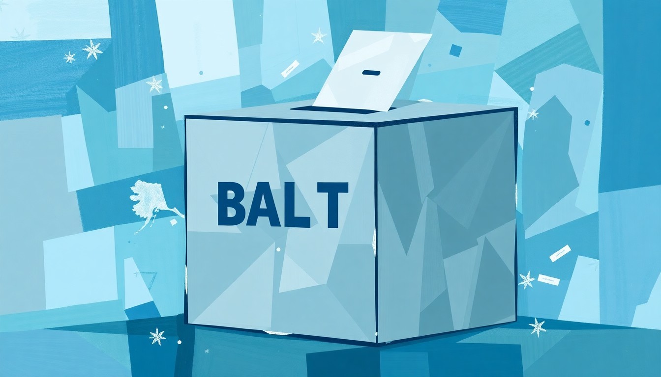 A dynamic, abstract painting featuring overlapping, fractured shapes and waves of blue, grey, and green, conceptually representing the complex and evolving nature of Alaska's election system.