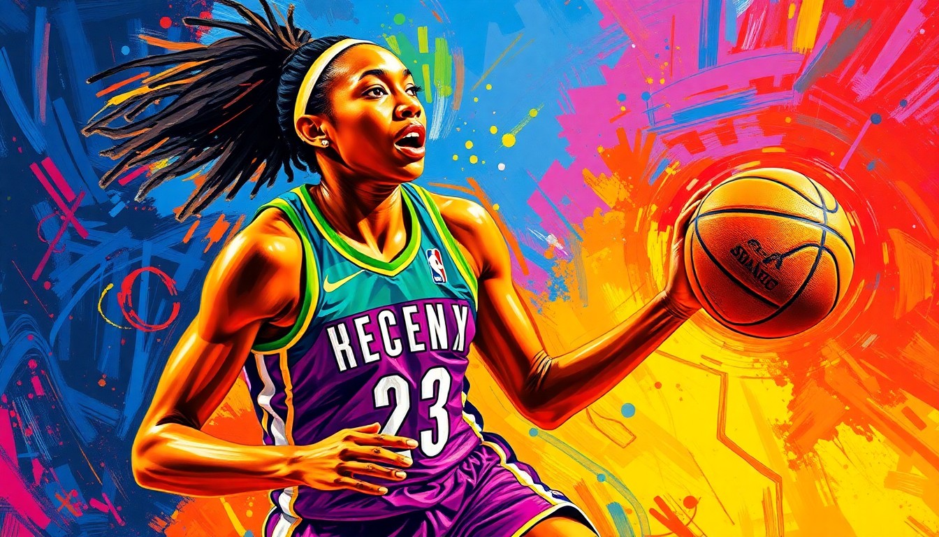 An abstract, energetic painting featuring bold brushstrokes of neon colors that capture the powerful presence and dominant play of WNBA star A'ja Wilson on the basketball court.