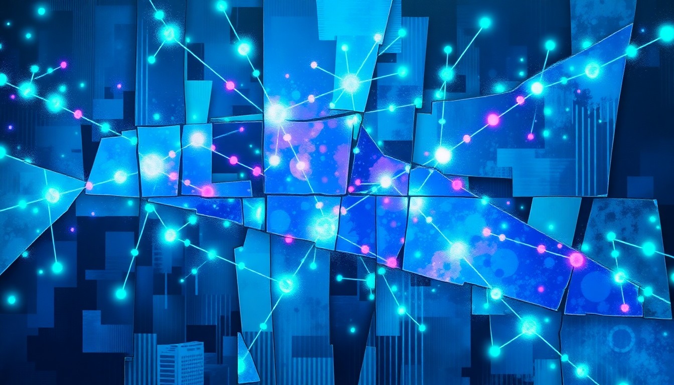 A dynamic, abstract painting featuring overlapping geometric shapes and lines in shades of blue, purple, and green, conveying the complex and interconnected nature of government surveillance programs.