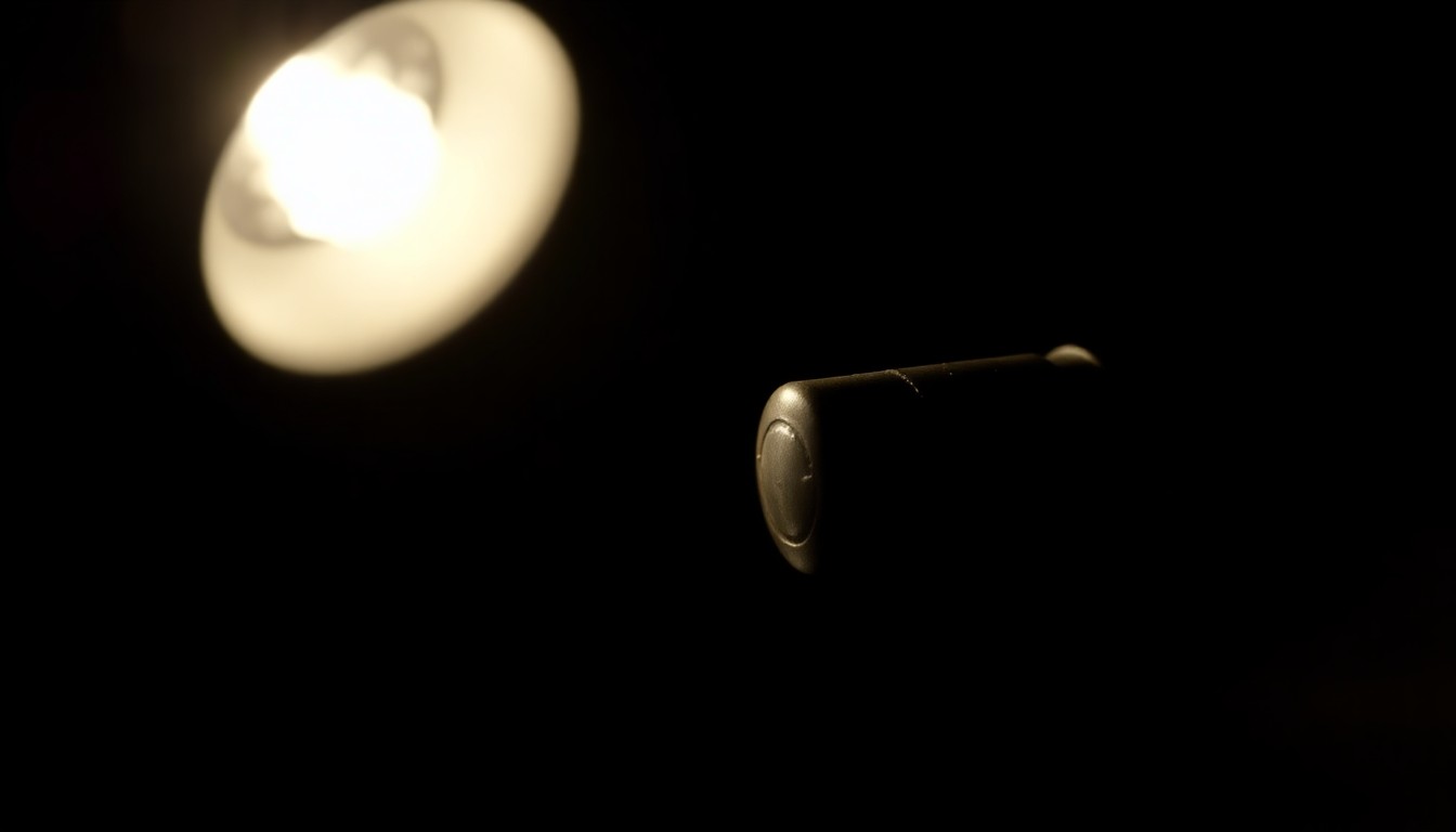 An extreme close-up photograph of a small piece of physical evidence from the subway shooting, such as a spent shell casing or bullet fragment, lit by a harsh, direct camera flash against a pitch-black background, creating a stark, gritty, investigative aesthetic.