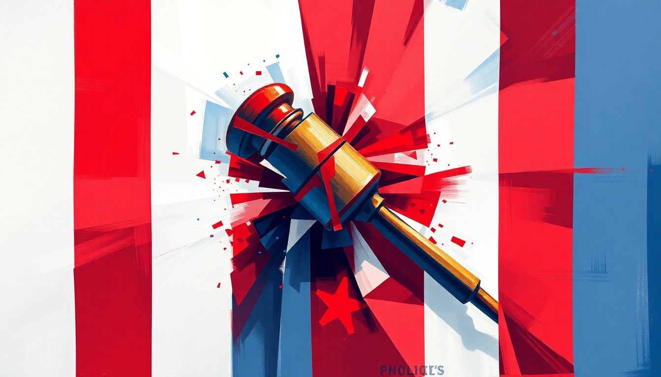 A dynamic, abstract painting in red, white, and blue hues depicting a fractured, overlapping image of a political symbol, conveying the turbulent political forces at play within the Justice Department.
