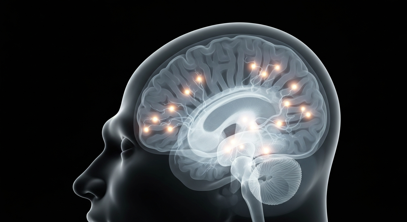 A ghostly, translucent x-ray photograph revealing the internal structure of a human brain with faint, glowing neural pathways, conceptually representing the complex inner workings of the mind and the process of confronting and overcoming traumatic memories.