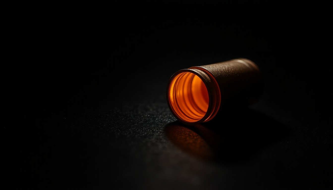 An extreme close-up photograph of a spent shell casing on a dark, textured surface, lit by a harsh, direct camera flash, conceptually representing the aftermath of a shooting incident.