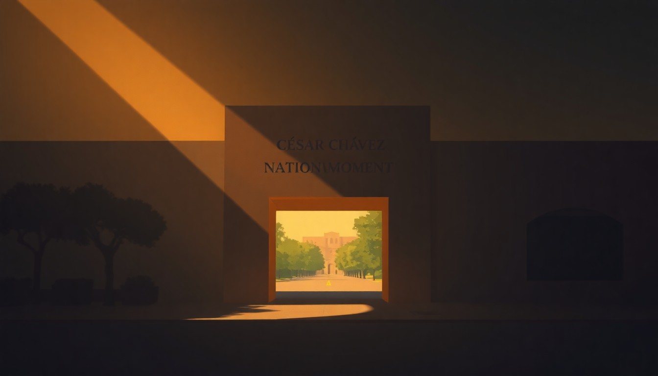 A serene, cinematic painting of the entrance to the César Chávez National Monument, with the monument's signage and architecture bathed in warm, golden light and deep shadows, creating a contemplative, nostalgic mood.