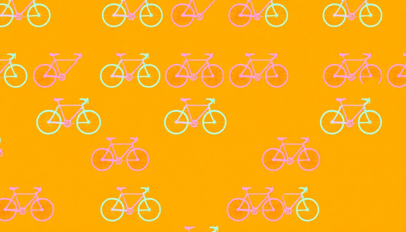 A bold, graphic illustration of a bicycle icon repeated in a grid pattern, using bright neon colors to capture the vibrant energy of an active transportation project connecting local communities.