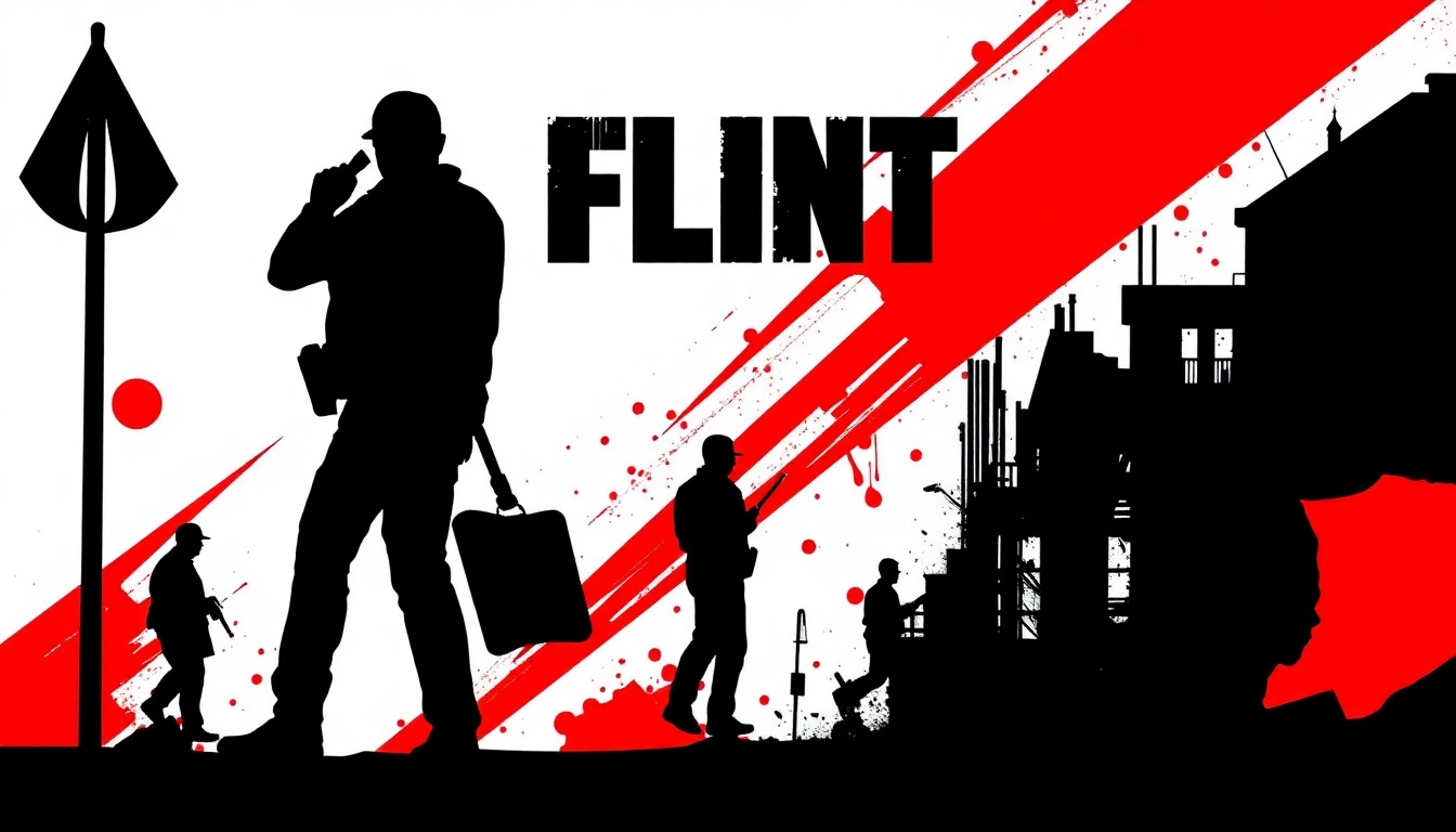 An abstract, minimalist illustration featuring bold black silhouettes and high-contrast red and white shapes, conveying the themes of law enforcement and urban decay in a conceptual manner.