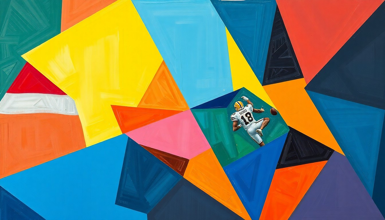 A cubist, geometric painting depicting a fragmented college football game, with sharp planes of color representing the official team colors of the schools in the CAA conference.
