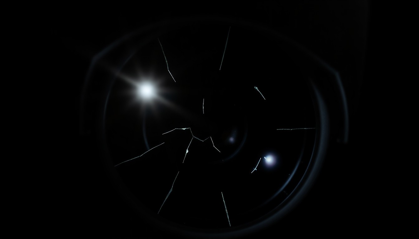 An extreme close-up of a shattered surveillance camera lens reflecting a harsh, direct camera flash against a pitch-black background, conceptually representing the investigation into a stalking incident.