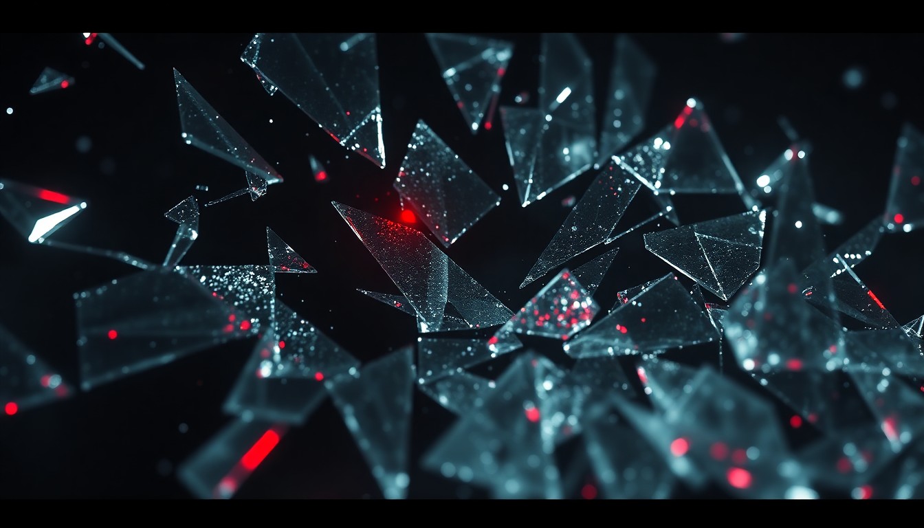 An extreme close-up of shattered glass, with glittering shards reflecting a faint red light, conceptually representing the dark and violent tone of the Bloodborne video game adaptation.