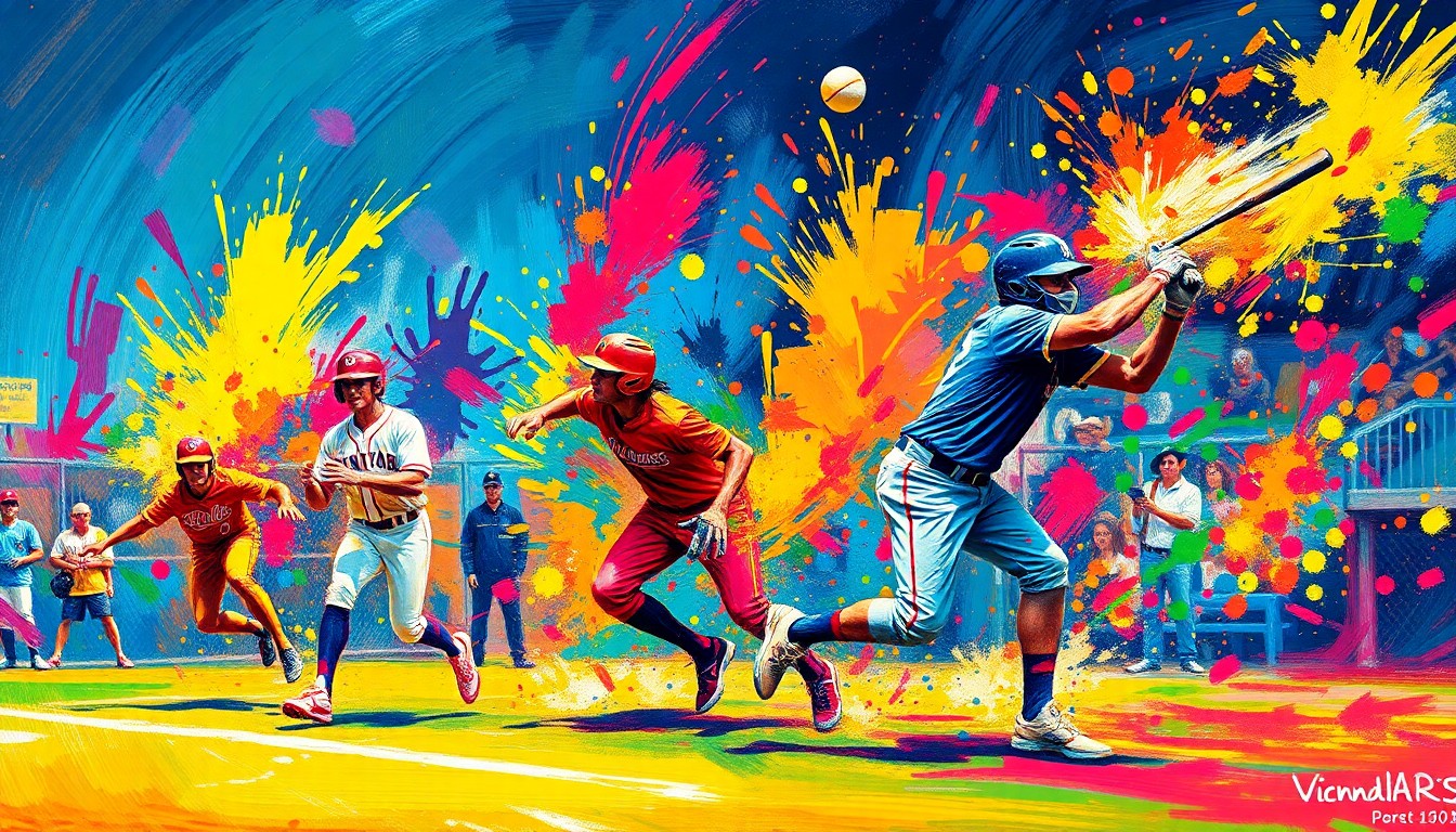 An abstract expressionist painting in vibrant neon colors, with rapid brushstrokes capturing the dynamic motion and energy of a high-scoring softball game, players' forms dissolving into unrecognizable splashes of paint.