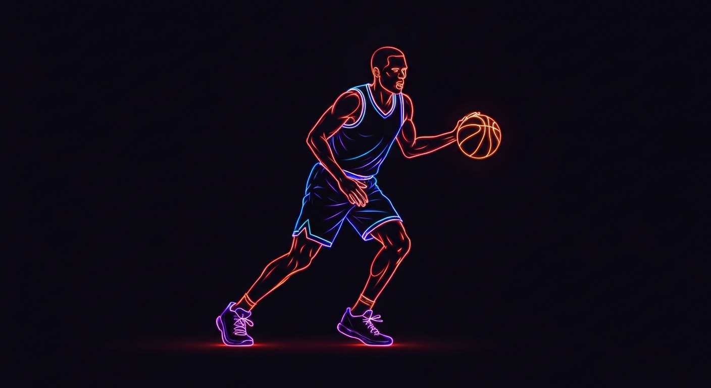 A glowing neon outline of a basketball player dribbling, capturing the energy and movement of the sport against a dark background to conceptually represent the mental health challenges faced by young athletes.