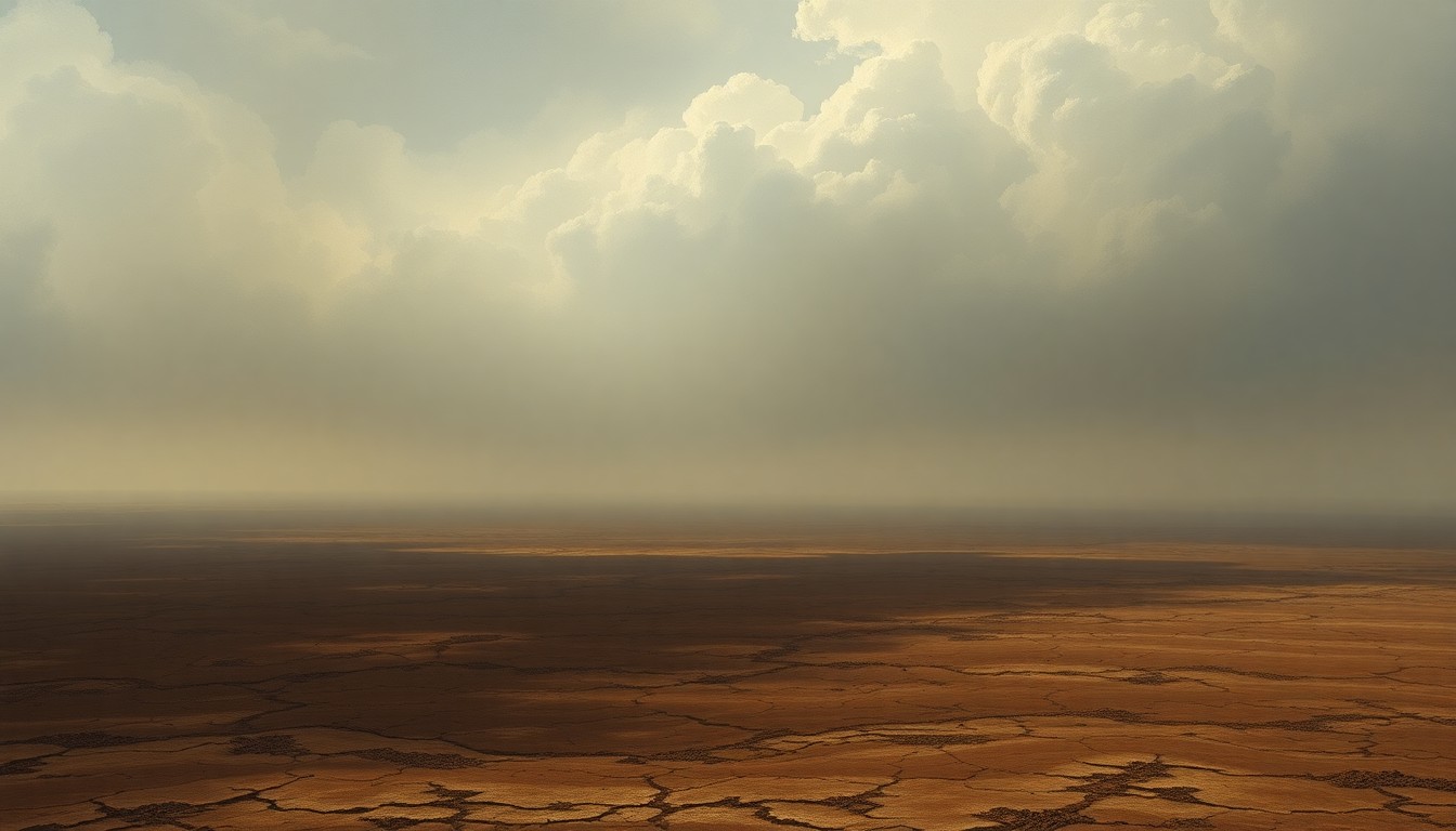 A vast, atmospheric landscape painting in muted earth tones, with a cracked, parched ground stretching out under a hazy, oppressive sky, conveying the overwhelming scale and melancholy of the drought conditions facing Idaho's agricultural communities.