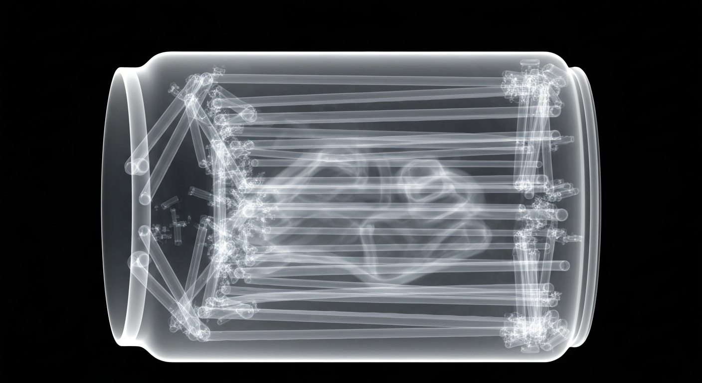 A ghostly, translucent X-ray image of an energy drink can, revealing its internal structure and ingredients as glowing lines against a dark background, conceptually illustrating the hidden health dangers of these beverages.