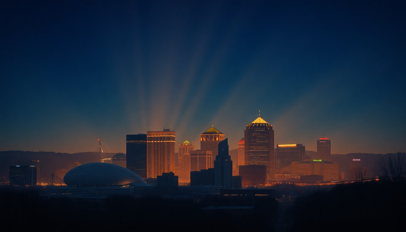 A serene, painterly depiction of the Pittsburgh skyline at dusk, with the city's iconic buildings and bridges bathed in warm, golden light and deep shadows, conveying a sense of quiet contemplation about the city's future.