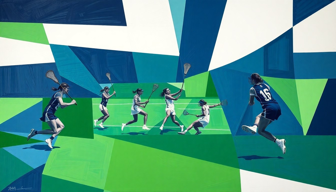 A fragmented, geometric painting depicting the dynamic motion and competing perspectives of a women's lacrosse game, rendered in a cubist style using navy, green, and white hues.