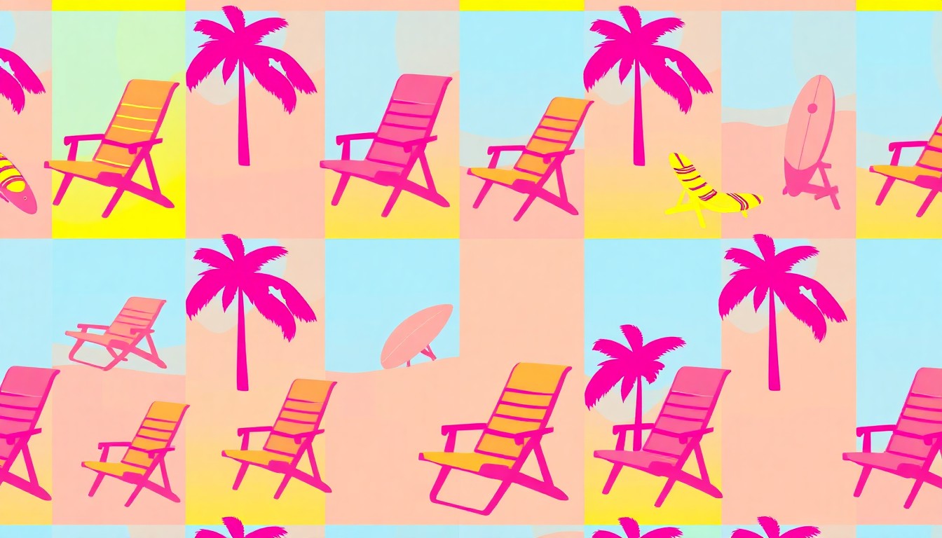 A high-contrast silkscreen print of a single, iconic beach chair repeated in a grid pattern, rendered in bold neon colors and heavy black outlines in the style of Andy Warhol, conceptually representing the modern coastal luxury of the Clearwater Beach home.