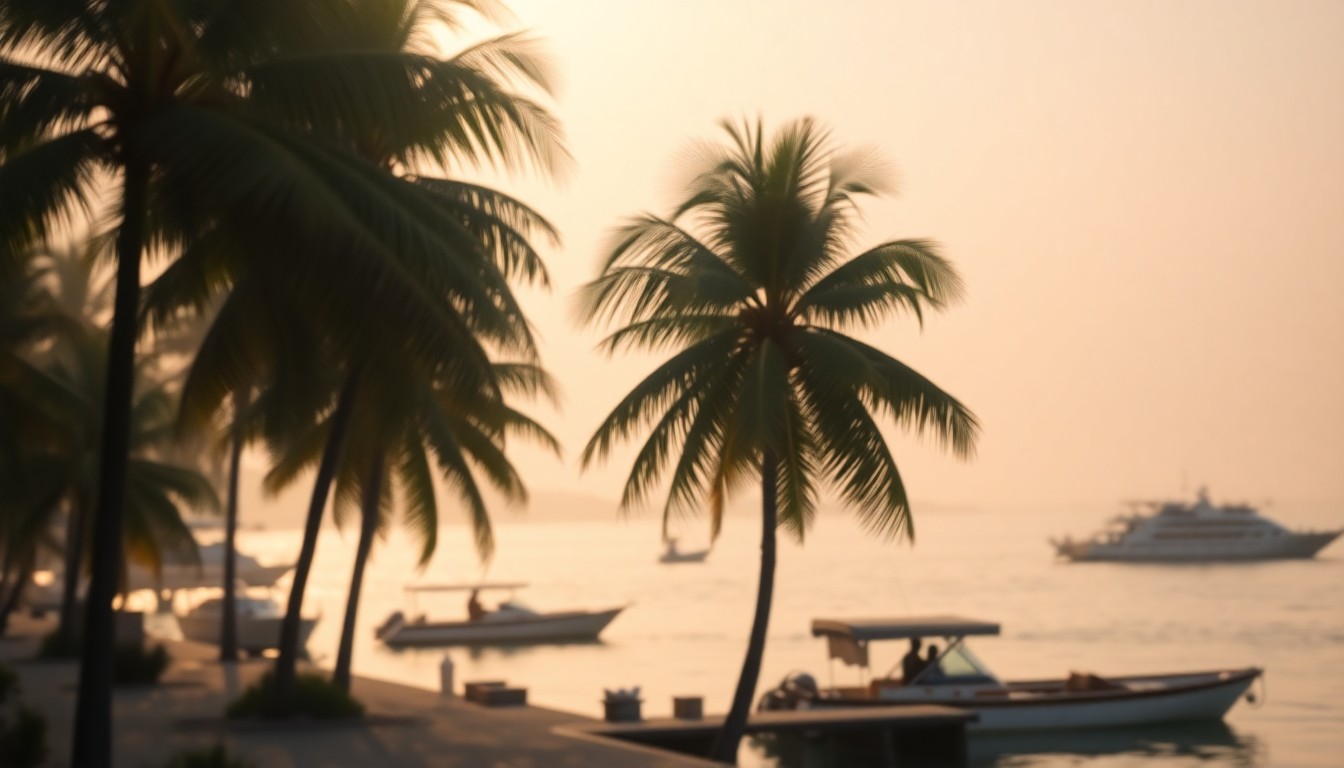 An extremely abstracted, out-of-focus photograph of a tropical waterfront scene with palm trees, boats, and a distant horizon, composed entirely of soft, warm pools of light and color.