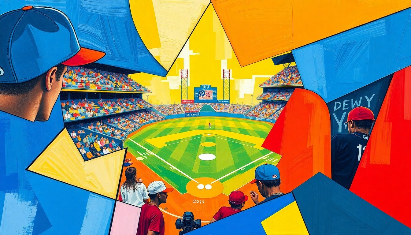 A cubist, geometric painting depicting a baseball game or match, with overlapping planes of color and shape representing the dynamic action on the field.