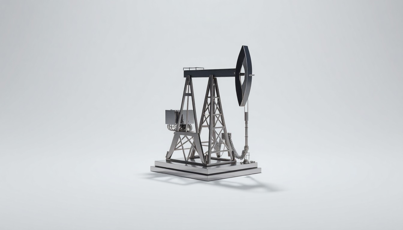 A highly polished, geometric metal sculpture representing an oil and gas production facility, placed on a clean, monochromatic background and dramatically lit to symbolize the abstract concepts of corporate strategy and market performance in the energy industry.