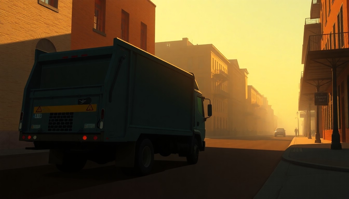A photorealistic painting of a solitary trash collection truck parked on a quiet French Quarter street, the vehicle's curves and angles reflected in the warm, golden sunlight and deep shadows cast across the historic buildings and cobblestones.