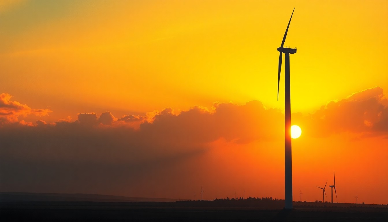 A serene oil painting depicting a solitary wind turbine silhouetted against a vibrant sunset sky, with the turbine's form and shadows rendered in a realistic yet nostalgic style, conveying a sense of contemplation about the complex relationship between renewable energy and local control.