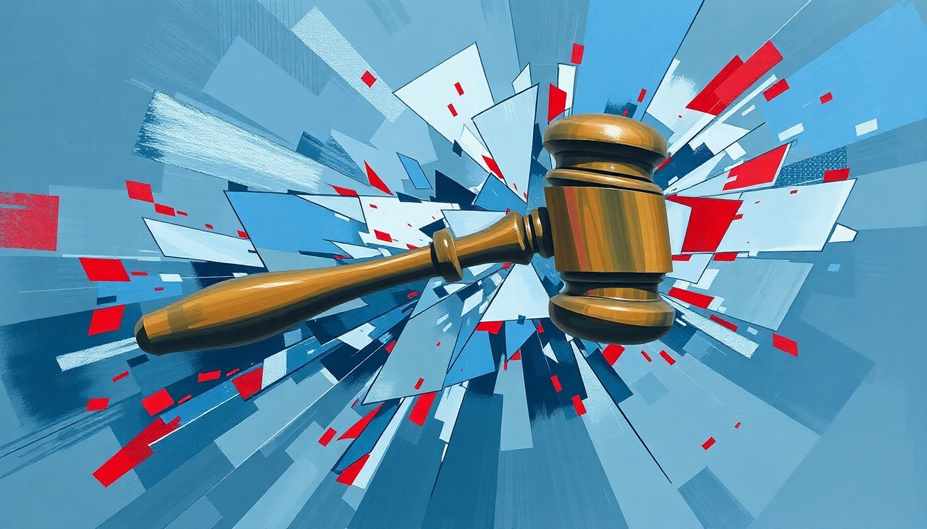 A fractured, abstract painting in shades of blue, grey, and red, depicting a gavel or other political symbol in a state of motion, conveying a sense of instability and uncertainty surrounding the judicial election.