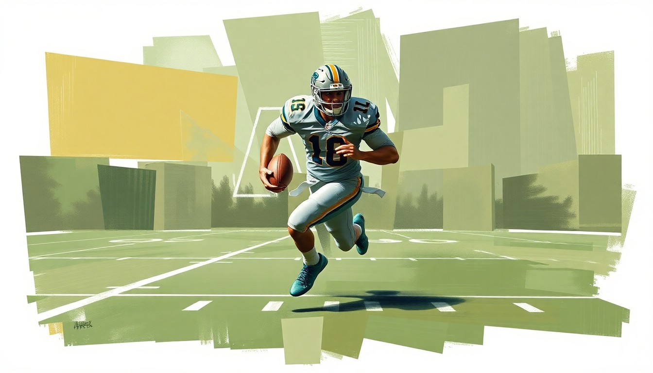 A cubist-style painting depicting a college football player in mid-motion, with their body fractured into overlapping geometric shapes in muted earth tones, conceptually representing the complex legal battle over NCAA eligibility rules.