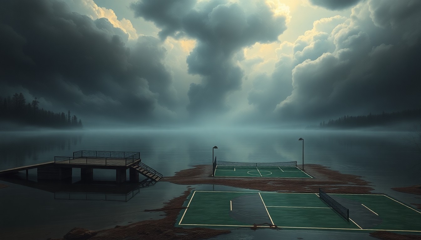 A sweeping, atmospheric landscape painting depicting a flooded Traverse City scene, with a collapsed bridge and submerged pickleball court overwhelmed by the vast, dramatic scale of the natural disaster.