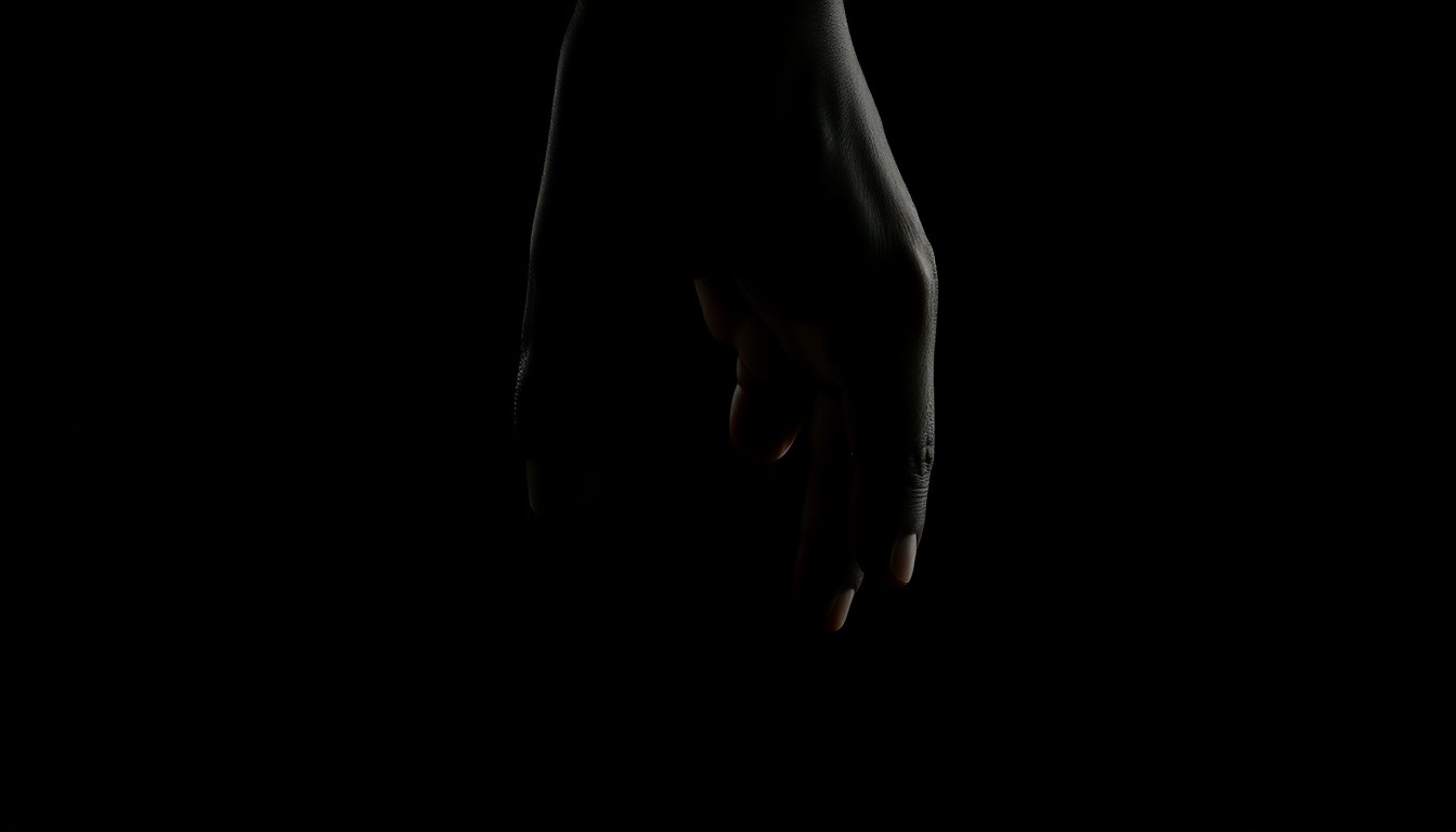 An extreme close-up photograph of a handcuff against a pitch-black background, creating a stark, gritty, investigative aesthetic through the use of harsh, direct lighting.