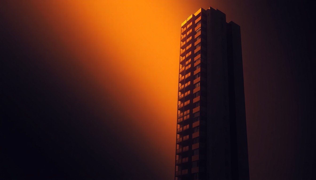 A serene, nostalgic painting of a towering luxury apartment building in New York City, with warm sunlight casting long shadows across the facade and windows, conveying a sense of solitude and wealth.