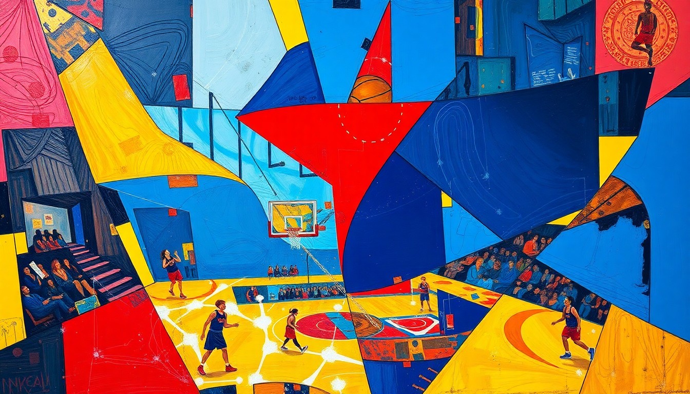 A cubist, geometric painting depicting a WNBA basketball game in motion, with players and the court fragmented into overlapping planes of color, capturing the dynamic energy and physicality of the sport.