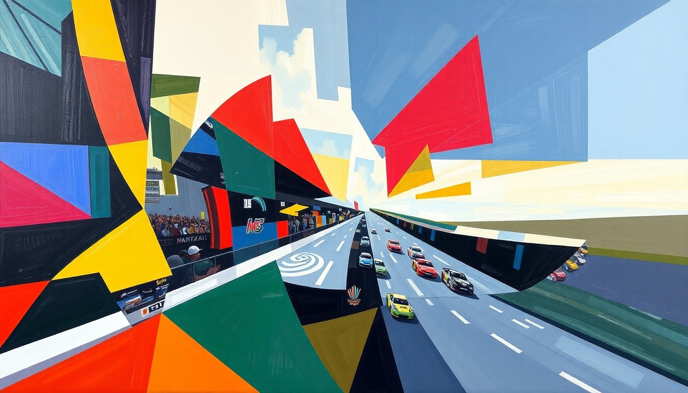 A fractured, multi-perspective painting in bold, geometric shapes and colors, depicting the intense action and collision of two NASCAR cars on the racetrack.
