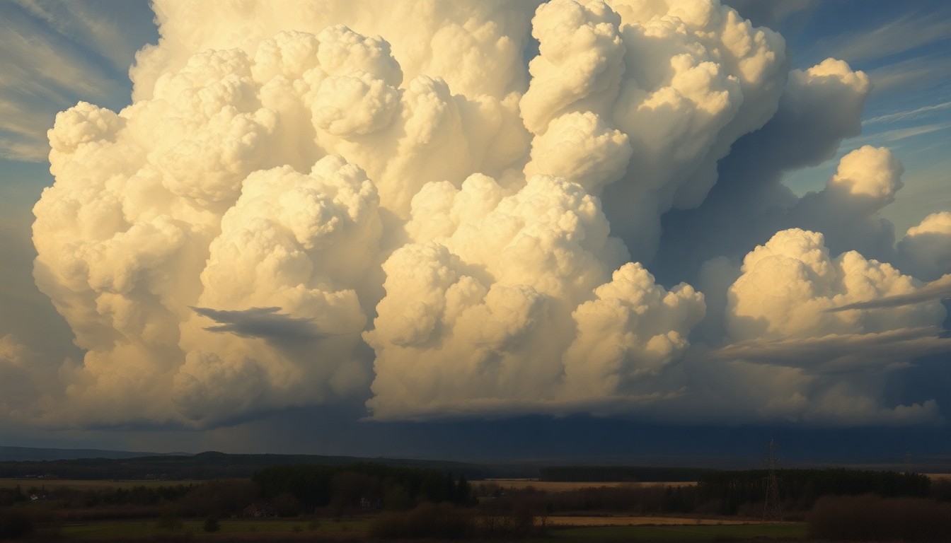 A dramatic landscape painting in muted earth tones, with a massive, turbulent cloud formation filling the sky and casting an ominous shadow over the small structures below, conveying the overwhelming power of an approaching severe storm.