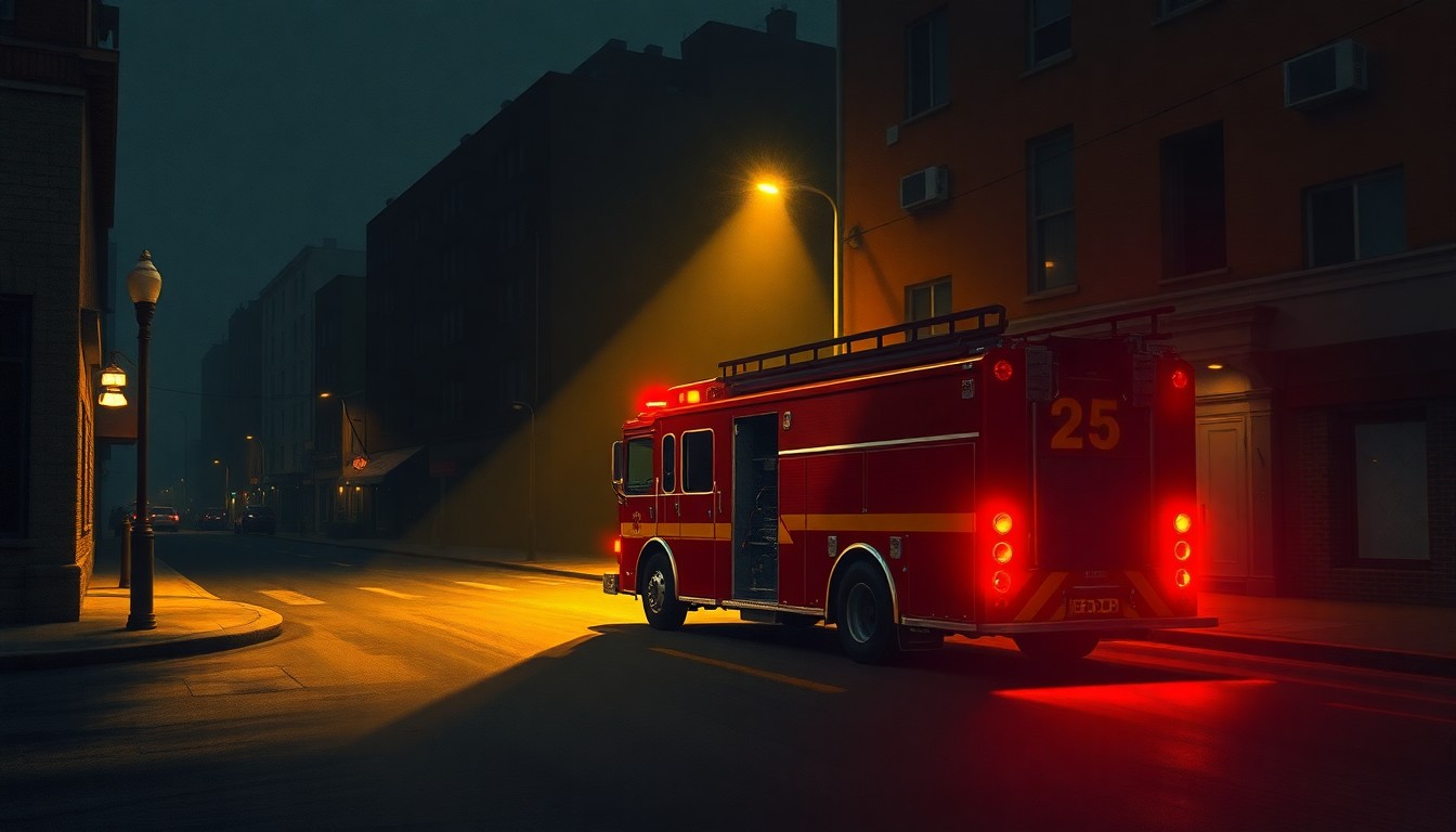 A serene, photorealistic painting of a lone fire engine parked on a shadowy city street, the vehicle's chrome and red paint reflecting warm sunlight, conceptually representing the need for increased senior oversight during emergencies.