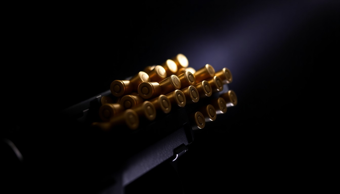An extreme close-up of a handgun magazine loaded with ammunition, lit by a harsh, direct camera flash against a pitch-black background, conceptually illustrating the dangerous weapons used in a series of armed robberies linked to an online marketplace.