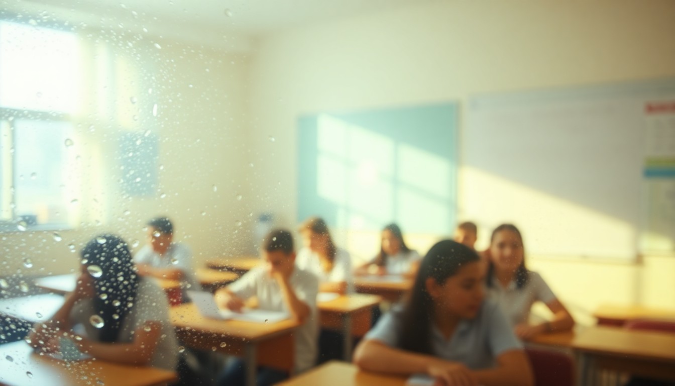 An extremely blurred, out-of-focus photograph showing a classroom setting with indistinct figures, conveying a sense of dreamlike ambiguity and the importance of preserving Holocaust education.