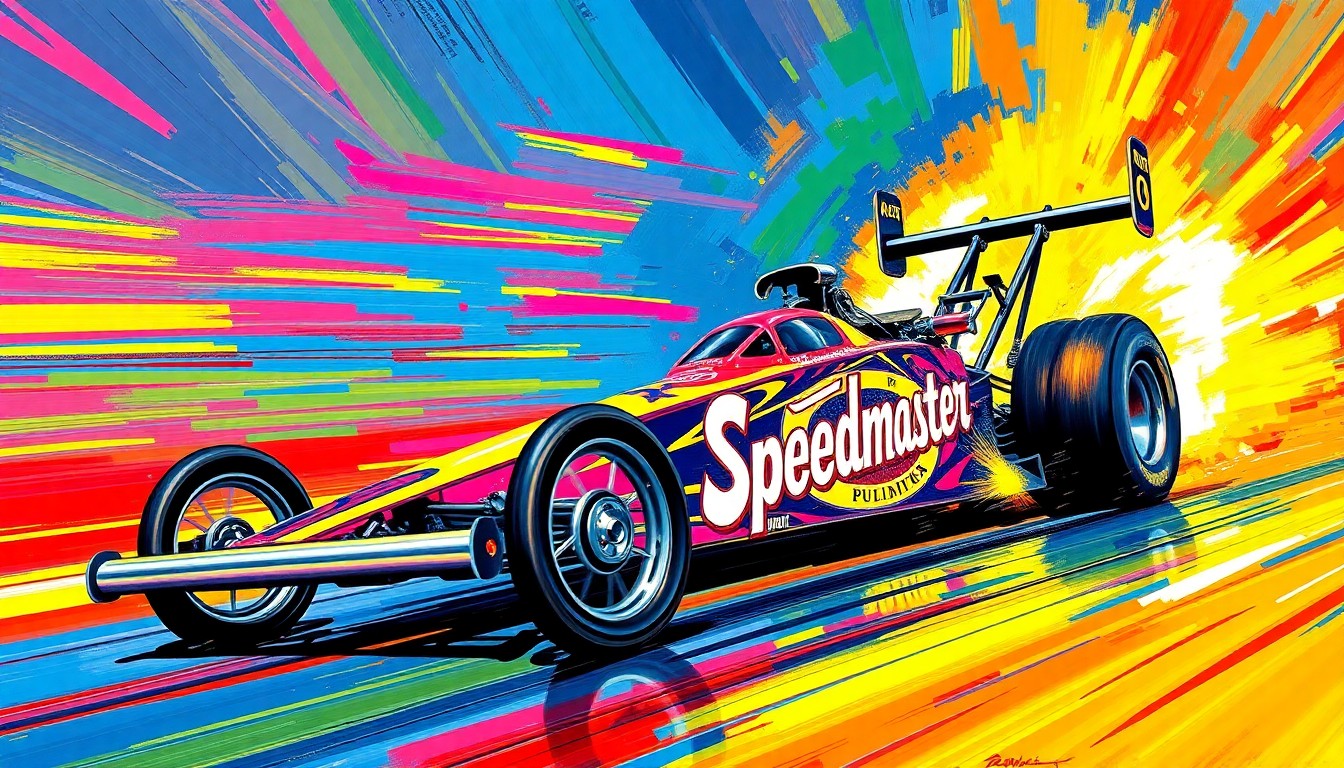 An abstract, expressionist painting in vibrant neon colors depicting the explosive speed and power of a Top Alcohol Dragster race, with the Speedmaster logo prominently featured.