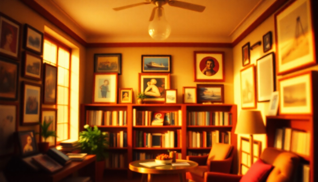 A softly focused, intimate interior scene with bookshelves, framed artwork, and natural light filtering through a window, conceptually representing the legacy of a community historian who dedicated her life to documenting and sharing local stories.