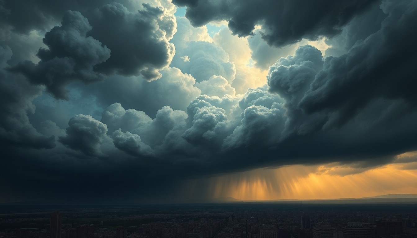 A dramatic, atmospheric landscape painting depicting a stormy, turbulent sky over a distant cityscape, conveying the overwhelming power of the approaching weather system.
