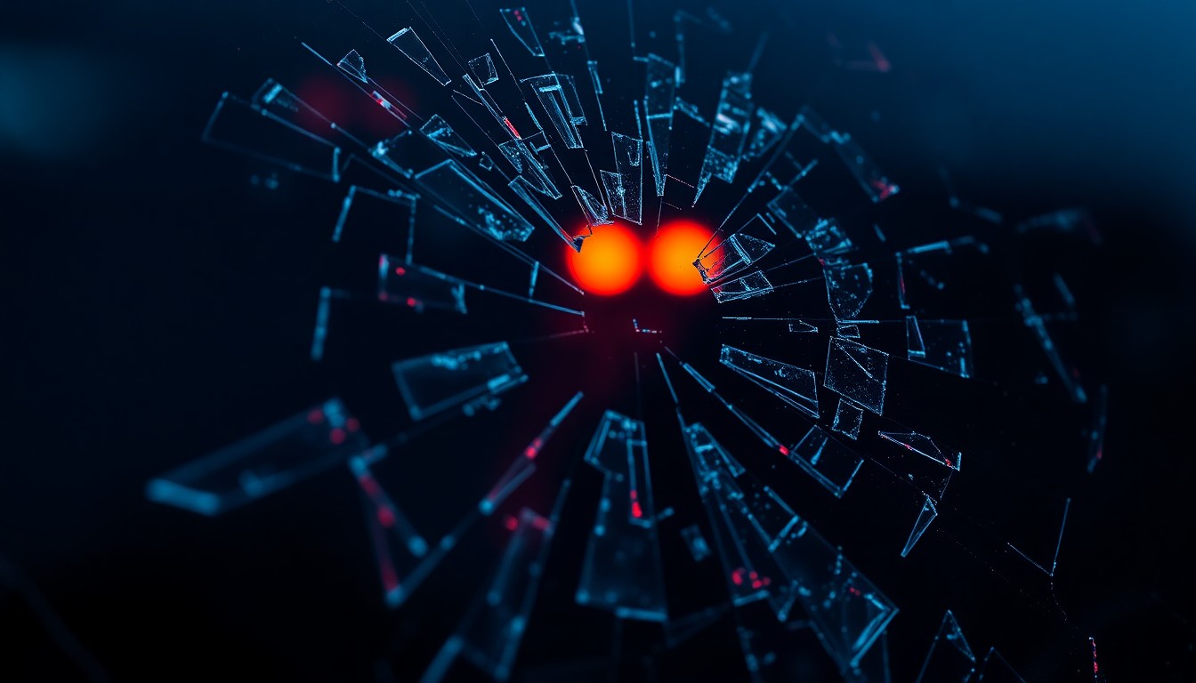 An extreme close-up photograph of shattered glass reflecting a faint red light, conceptually representing the physical aftermath of a criminal incident in Las Cruces.