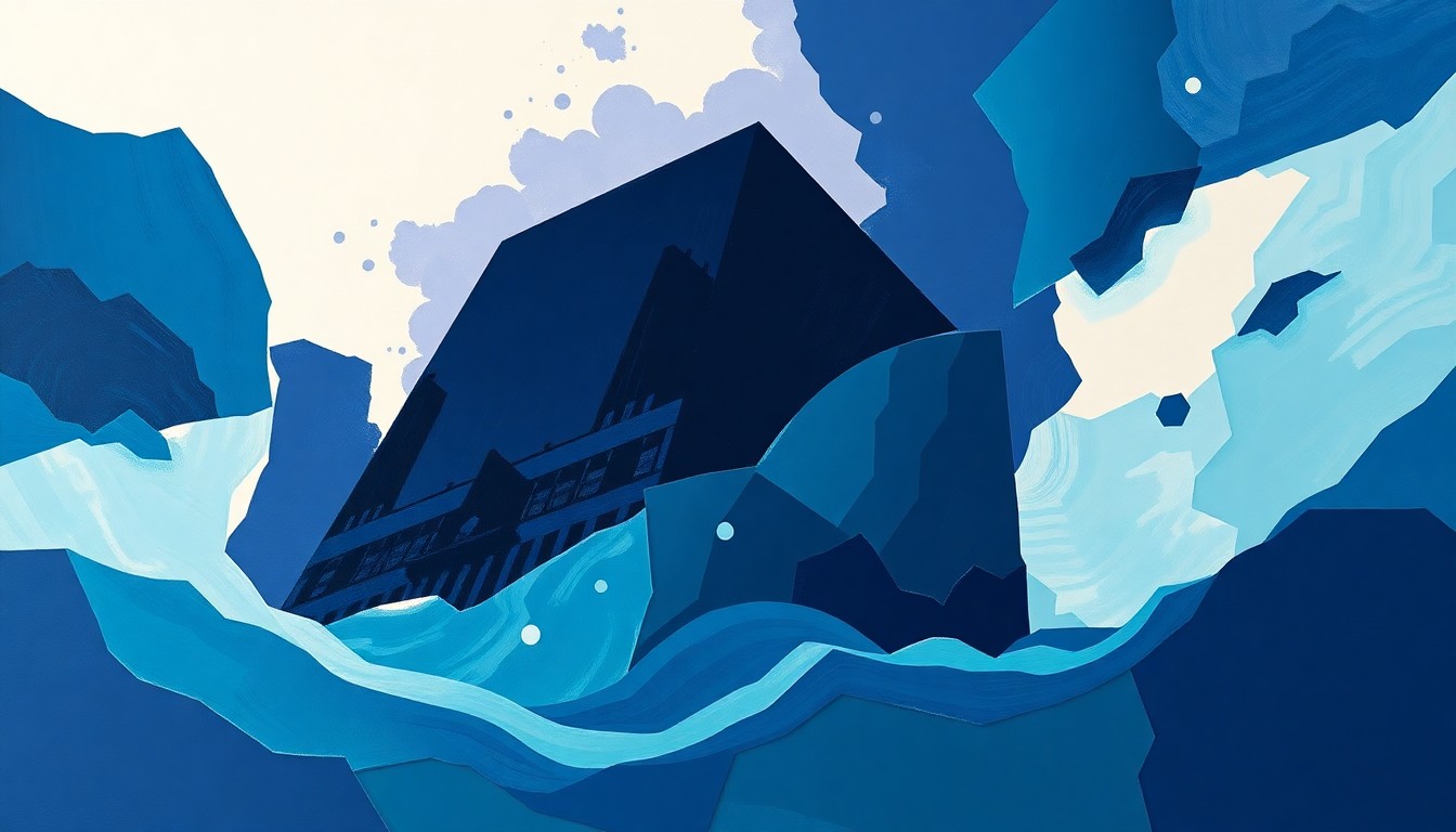 A fractured, abstract painting in shades of blue and violet depicting the silhouette of a high-rise apartment building, conveying the tensions and disruption surrounding the pied-à-terre tax proposal.