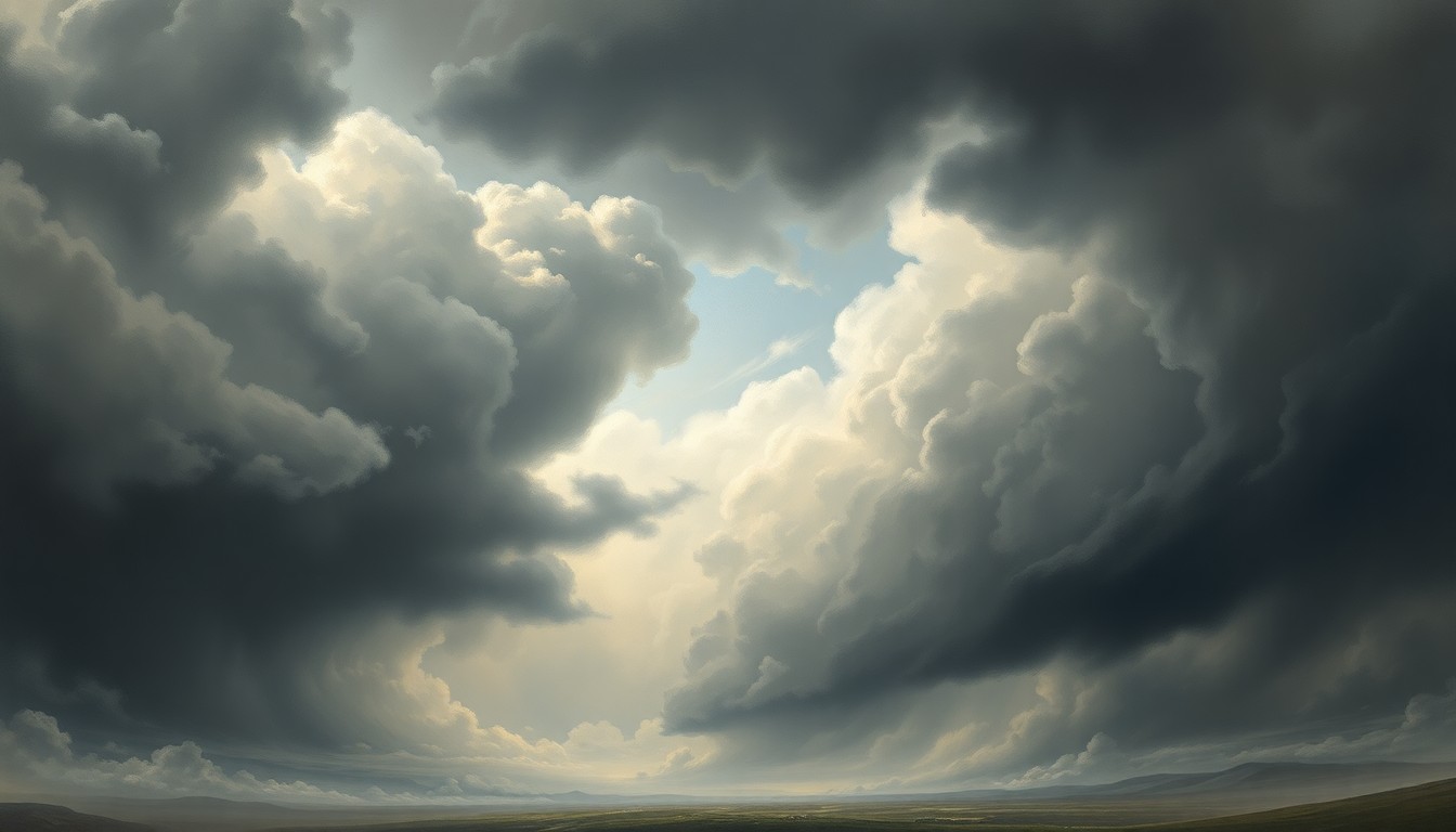A sweeping, atmospheric landscape painting in muted tones of gray, blue, and green, with dramatic, swirling clouds obscuring the horizon and dwarfing any visible structures or objects.